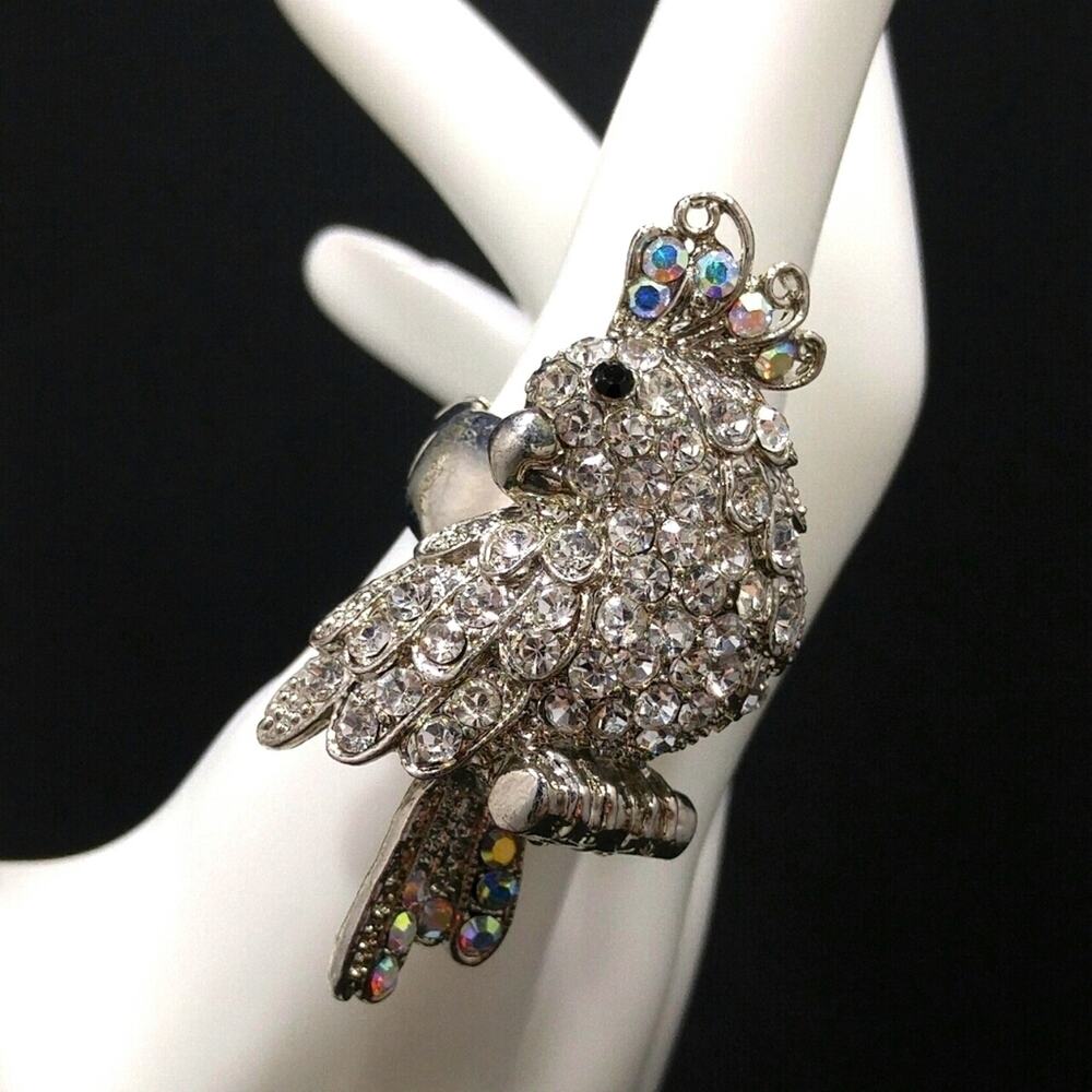 Parrot Rhinestone Stretch Ring, Silver Tone, Clear AB Rhinestones, Size 7 1/2